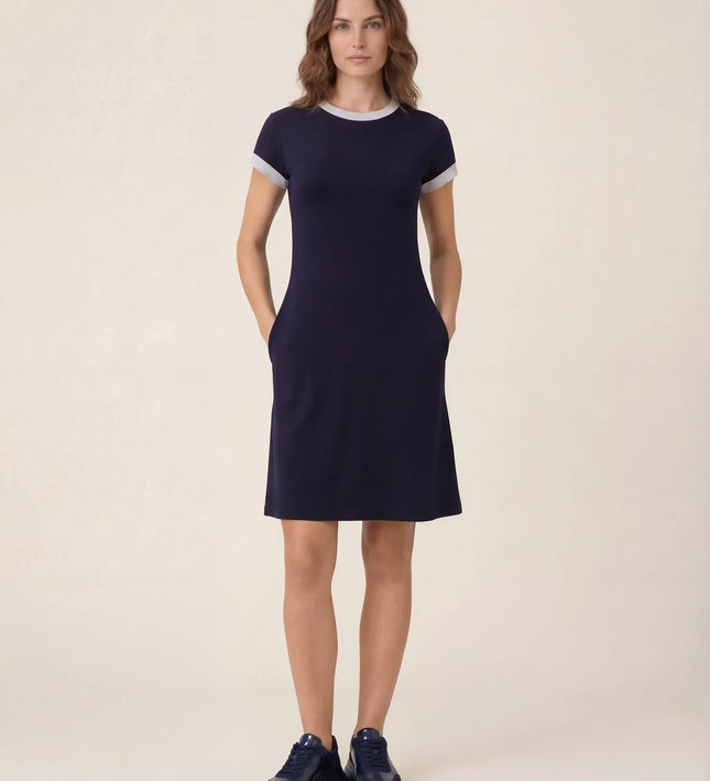 THE LIV T-SHIRT MIDI DRESS IN NAVY/LIGHT GREY