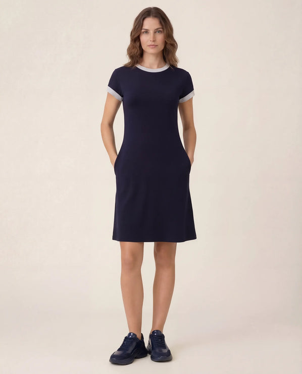 THE LIV T-SHIRT MIDI DRESS IN NAVY/LIGHT GREY