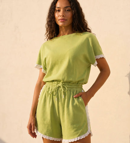 THE AMIE LACE TRIM ROMPER IN LIME