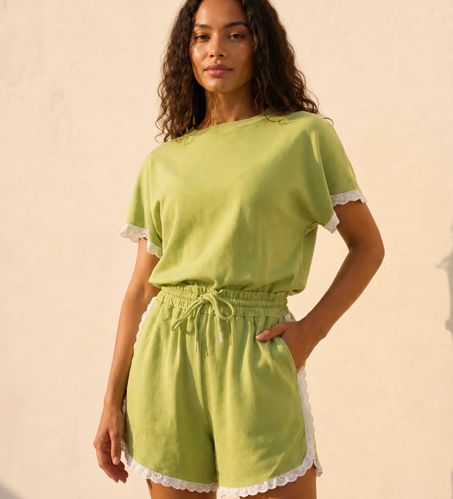 THE AMIE LACE TRIM ROMPER IN LIME