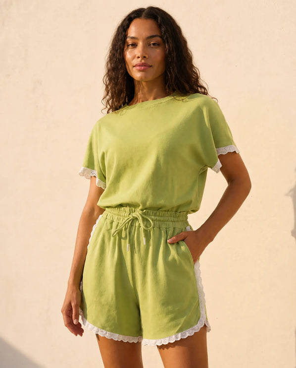 THE AMIE LACE TRIM ROMPER IN LIME