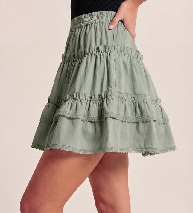THE LYRA BRODERIE & FRILL PANEL MINI SKIRT IN GREEN