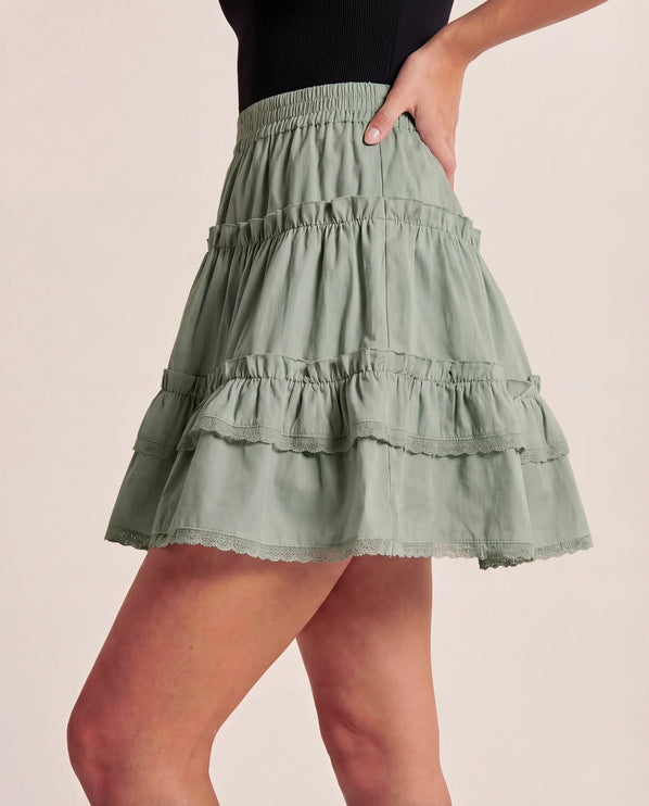 THE LYRA BRODERIE & FRILL PANEL MINI SKIRT IN GREEN
