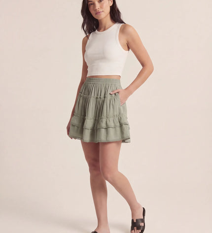 THE LYRA BRODERIE & FRILL PANEL MINI SKIRT IN GREEN
