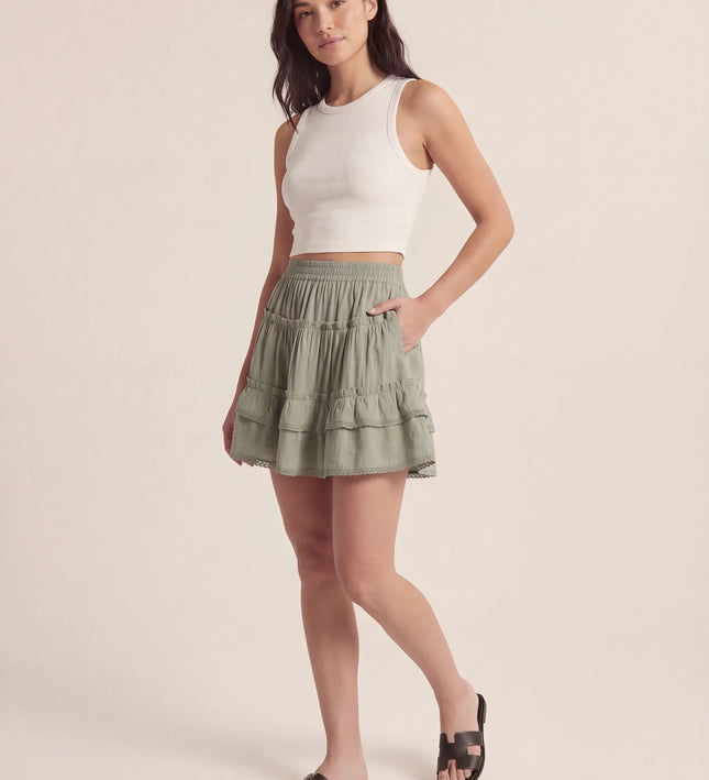 THE LYRA BRODERIE & FRILL PANEL MINI SKIRT IN GREEN