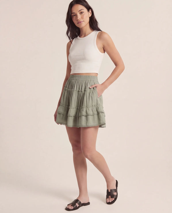 THE LYRA BRODERIE & FRILL PANEL MINI SKIRT IN GREEN