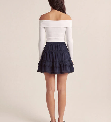 THE LYRA BRODERIE & FRILL PANEL MINI SKIRT IN NAVY