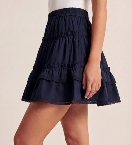 THE LYRA BRODERIE & FRILL PANEL MINI SKIRT IN NAVY