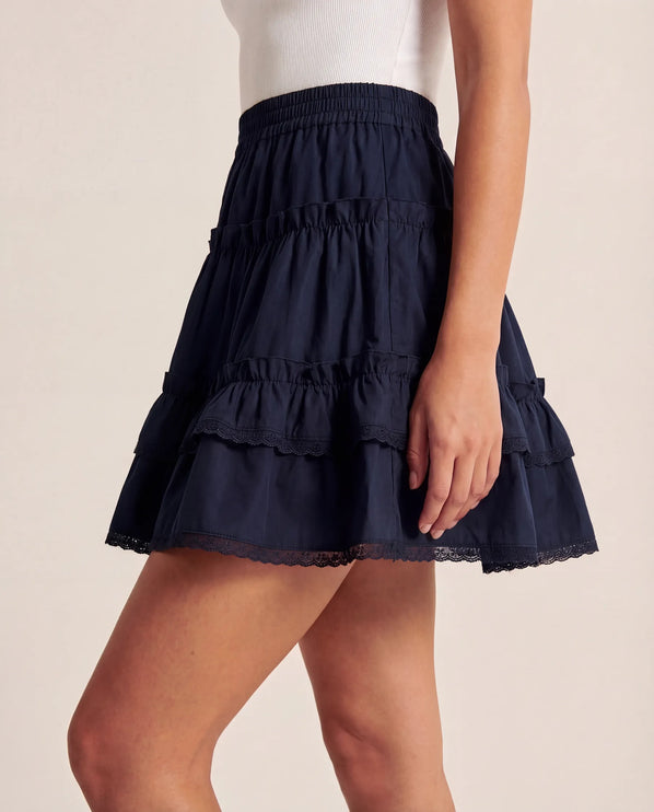 THE LYRA BRODERIE & FRILL PANEL MINI SKIRT IN NAVY