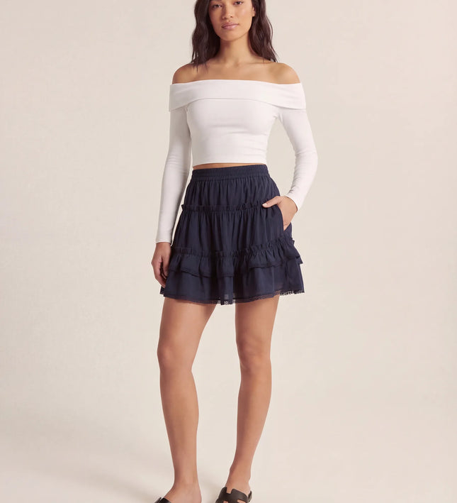 THE LYRA BRODERIE & FRILL PANEL MINI SKIRT IN NAVY