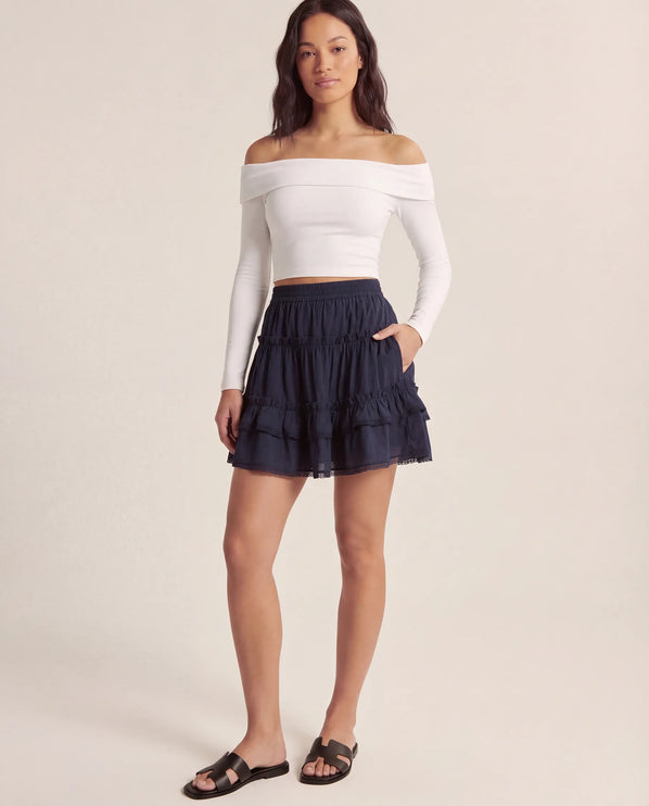 THE LYRA BRODERIE & FRILL PANEL MINI SKIRT IN NAVY