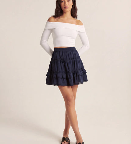 THE LYRA BRODERIE & FRILL PANEL MINI SKIRT IN NAVY