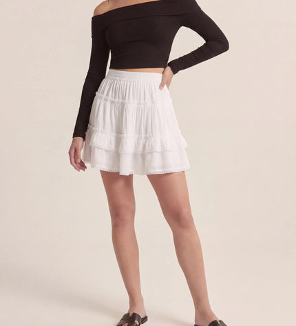 THE LYRA BRODERIE & FRILL PANEL MINI SKIRT IN WHITE