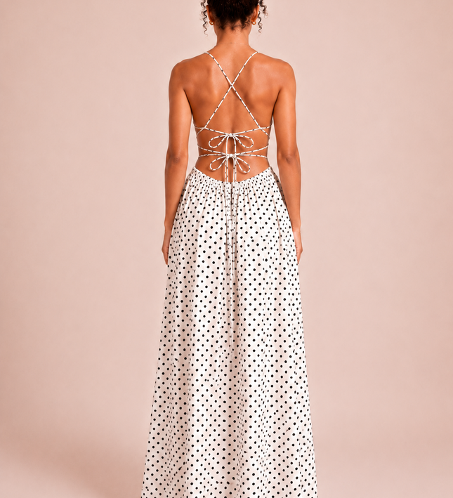 THE SERAPHINA MAXI DRESS IN WHITE & BLACK POLKA DOT
