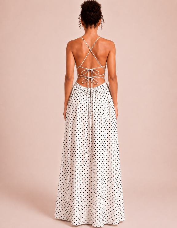THE SERAPHINA MAXI DRESS IN WHITE & BLACK POLKA DOT
