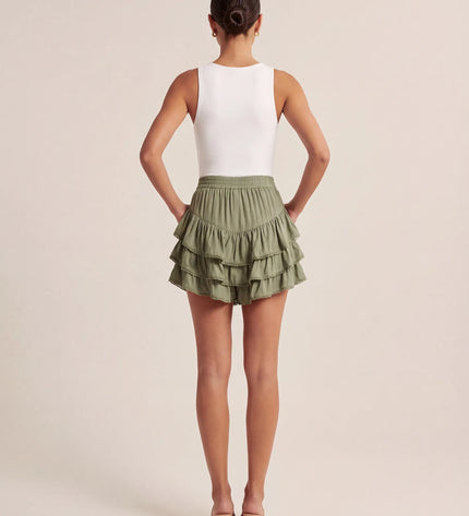 THE NIA THREE-TIERED RUFFLE SKORT - SAGE GREEN