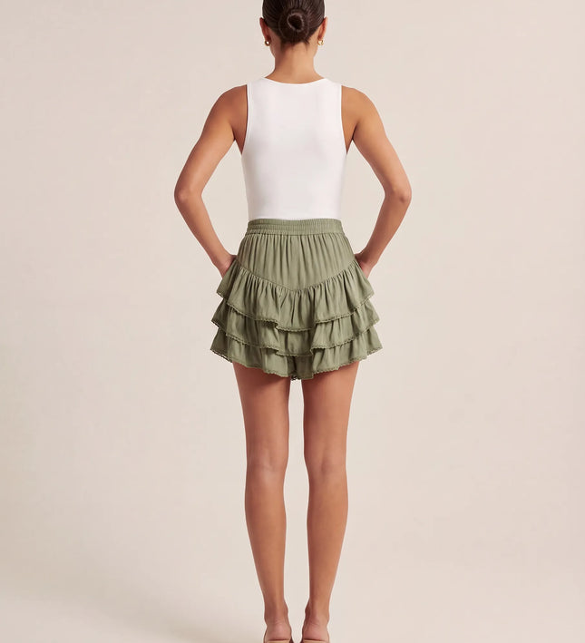 THE NIA THREE-TIERED RUFFLE SKORT - SAGE GREEN