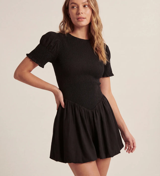 THE MIRA SMOCKED BUBBLE MINI DRESS IN BLACK
