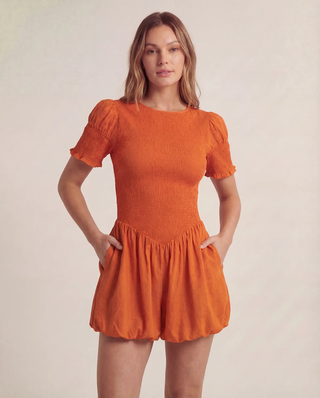 THE MIRA SMOCKED BUBBLE MINI DRESS IN ORANGE