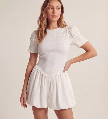 THE MIRA SMOCKED BUBBLE MINI DRESS IN WHITE