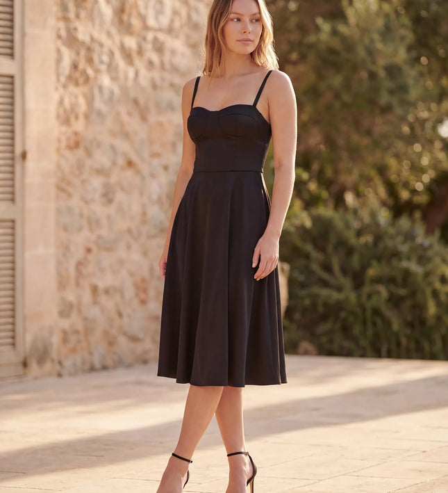 THE ELLA STRUCTURED MIDI DRESS IN BLACK