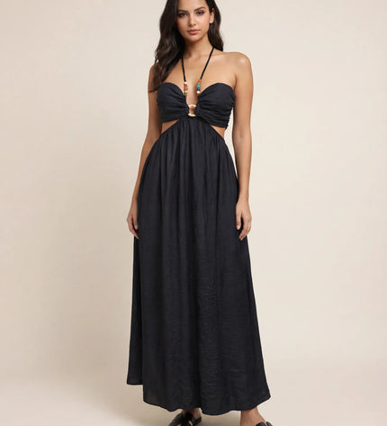 THE ISLA ARTISANAL WOODEN RING CRINKLE MAXI DRESS - BLACK