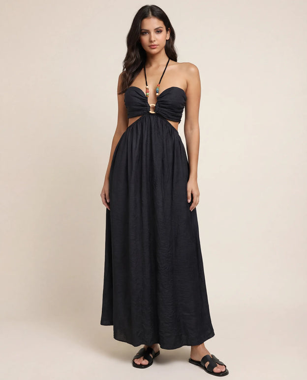 THE ISLA ARTISANAL WOODEN RING CRINKLE MAXI DRESS - BLACK