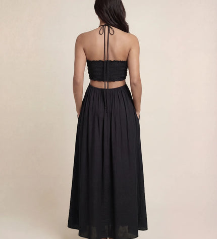 THE ISLA ARTISANAL WOODEN RING CRINKLE MAXI DRESS - BLACK