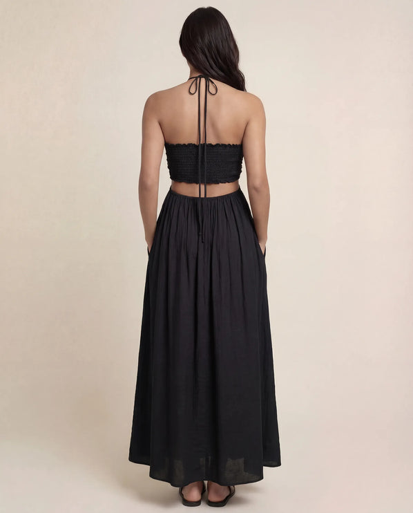 THE ISLA ARTISANAL WOODEN RING CRINKLE MAXI DRESS - BLACK