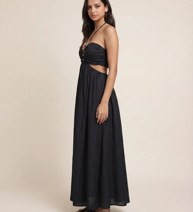 THE ISLA ARTISANAL WOODEN RING CRINKLE MAXI DRESS - BLACK