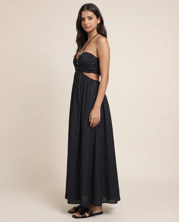 THE ISLA ARTISANAL WOODEN RING CRINKLE MAXI DRESS - BLACK