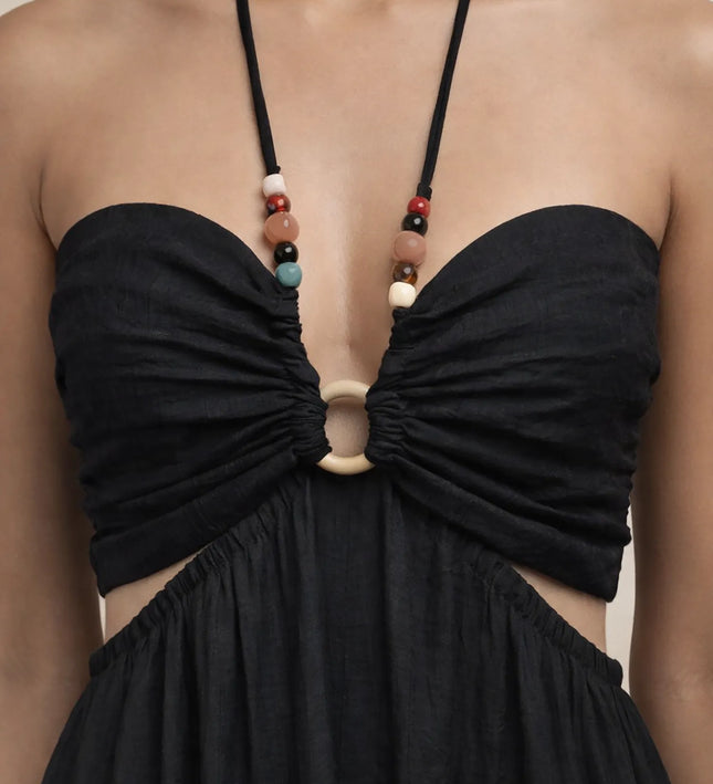 THE ISLA ARTISANAL WOODEN RING CRINKLE MAXI DRESS - BLACK