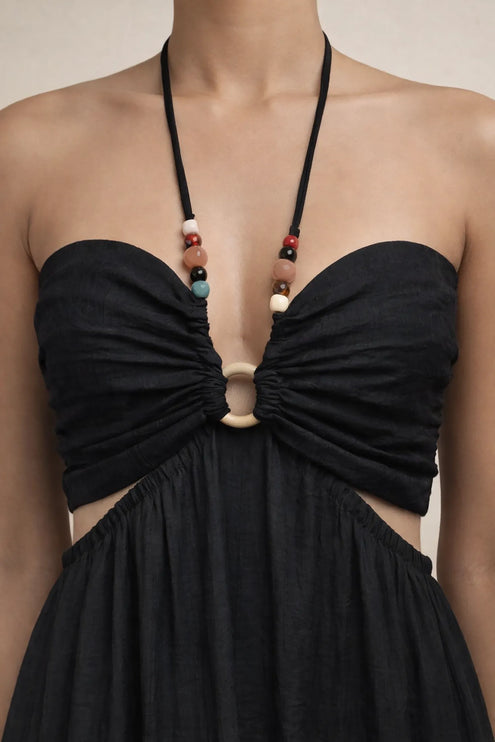 THE ISLA ARTISANAL WOODEN RING CRINKLE MAXI DRESS - BLACK