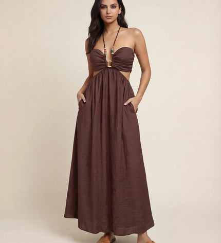 THE ISLA ARTISANAL WOODEN RING CRINKLE MAXI DRESS - CHOCOLATE BROWN