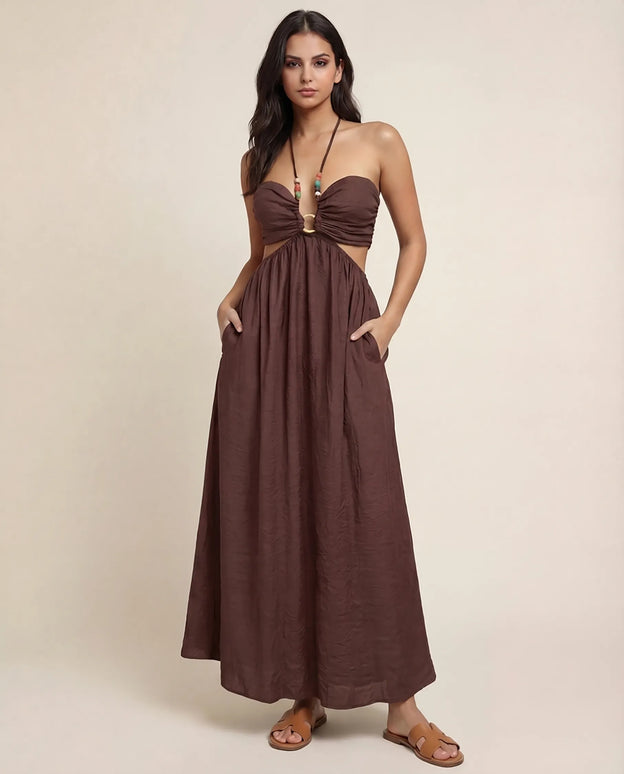 THE ISLA ARTISANAL WOODEN RING CRINKLE MAXI DRESS - CHOCOLATE BROWN