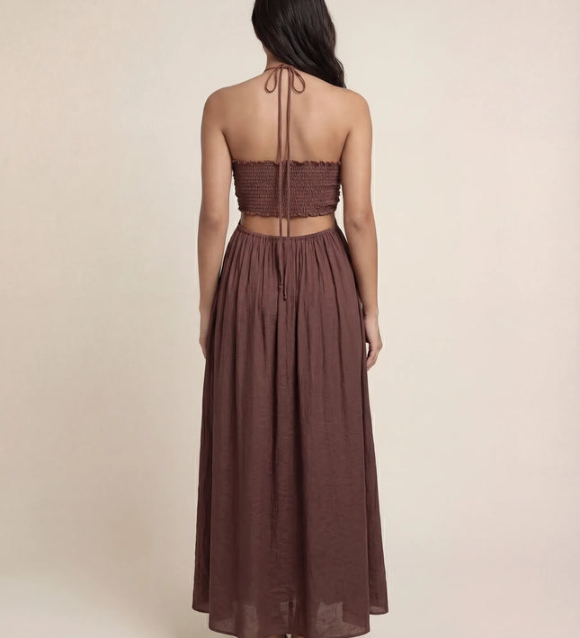 THE ISLA ARTISANAL WOODEN RING CRINKLE MAXI DRESS - CHOCOLATE BROWN
