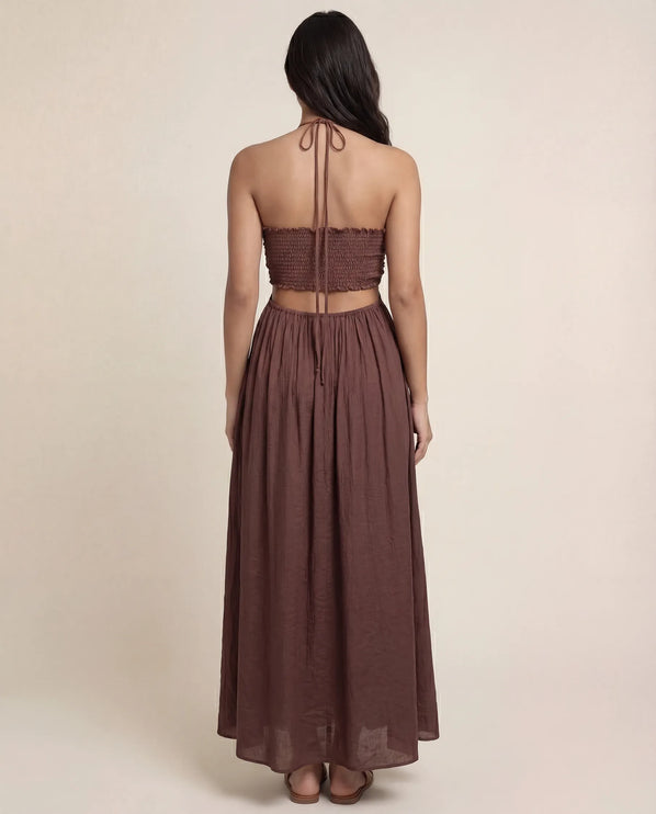 THE ISLA ARTISANAL WOODEN RING CRINKLE MAXI DRESS - CHOCOLATE BROWN