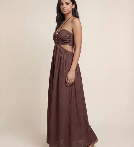 THE ISLA ARTISANAL WOODEN RING CRINKLE MAXI DRESS - CHOCOLATE BROWN