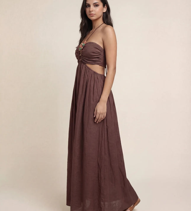 THE ISLA ARTISANAL WOODEN RING CRINKLE MAXI DRESS - CHOCOLATE BROWN