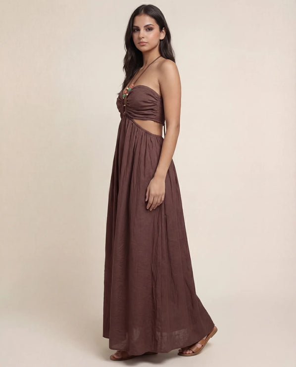 THE ISLA ARTISANAL WOODEN RING CRINKLE MAXI DRESS - CHOCOLATE BROWN