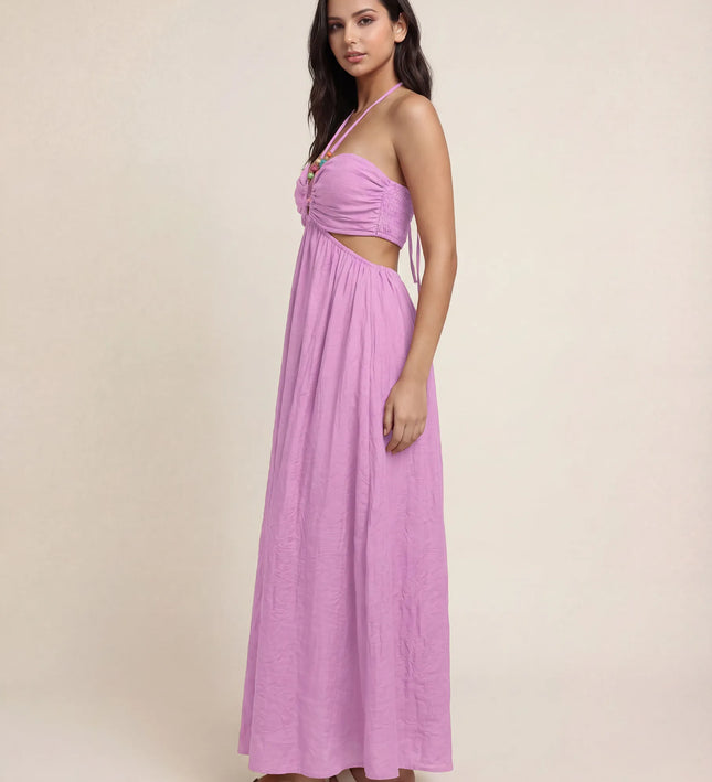 THE ISLA ARTISANAL WOODEN RING CRINKLE MAXI DRESS - PINK
