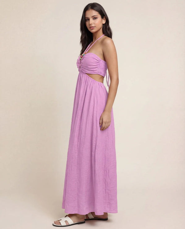 THE ISLA ARTISANAL WOODEN RING CRINKLE MAXI DRESS - PINK