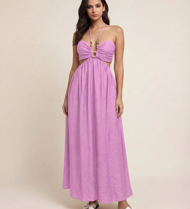THE ISLA ARTISANAL WOODEN RING CRINKLE MAXI DRESS - PINK