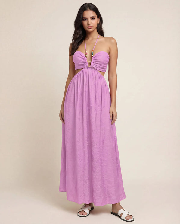 THE ISLA ARTISANAL WOODEN RING CRINKLE MAXI DRESS - PINK