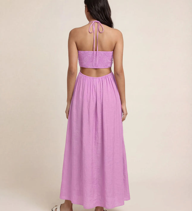 THE ISLA ARTISANAL WOODEN RING CRINKLE MAXI DRESS - PINK
