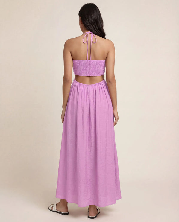 THE ISLA ARTISANAL WOODEN RING CRINKLE MAXI DRESS - PINK