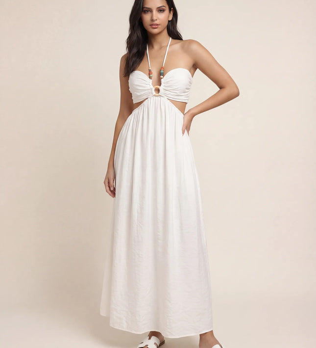THE ISLA ARTISANAL WOODEN RING CRINKLE MAXI DRESS - WHITE