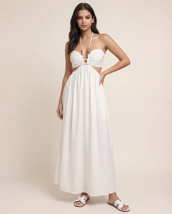 THE ISLA ARTISANAL WOODEN RING CRINKLE MAXI DRESS - WHITE
