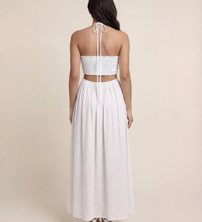 THE ISLA ARTISANAL WOODEN RING CRINKLE MAXI DRESS - WHITE