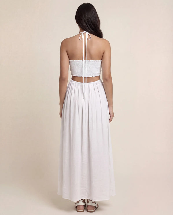 THE ISLA ARTISANAL WOODEN RING CRINKLE MAXI DRESS - WHITE